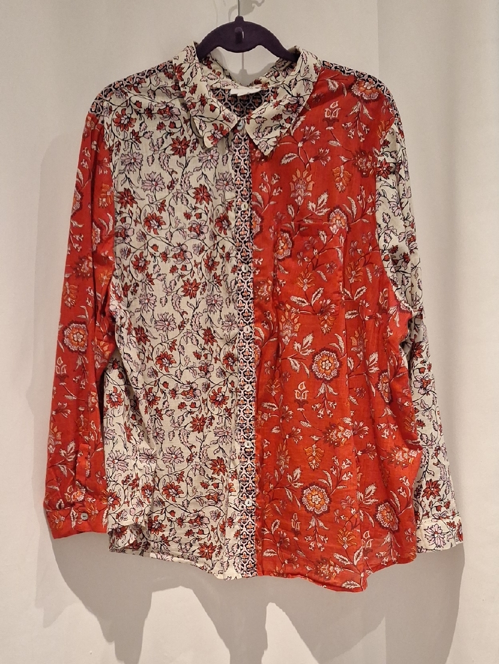 J. Jill Split-Panel Patchwork Floral Button-Down Shirt in Red and Cream Size 2X